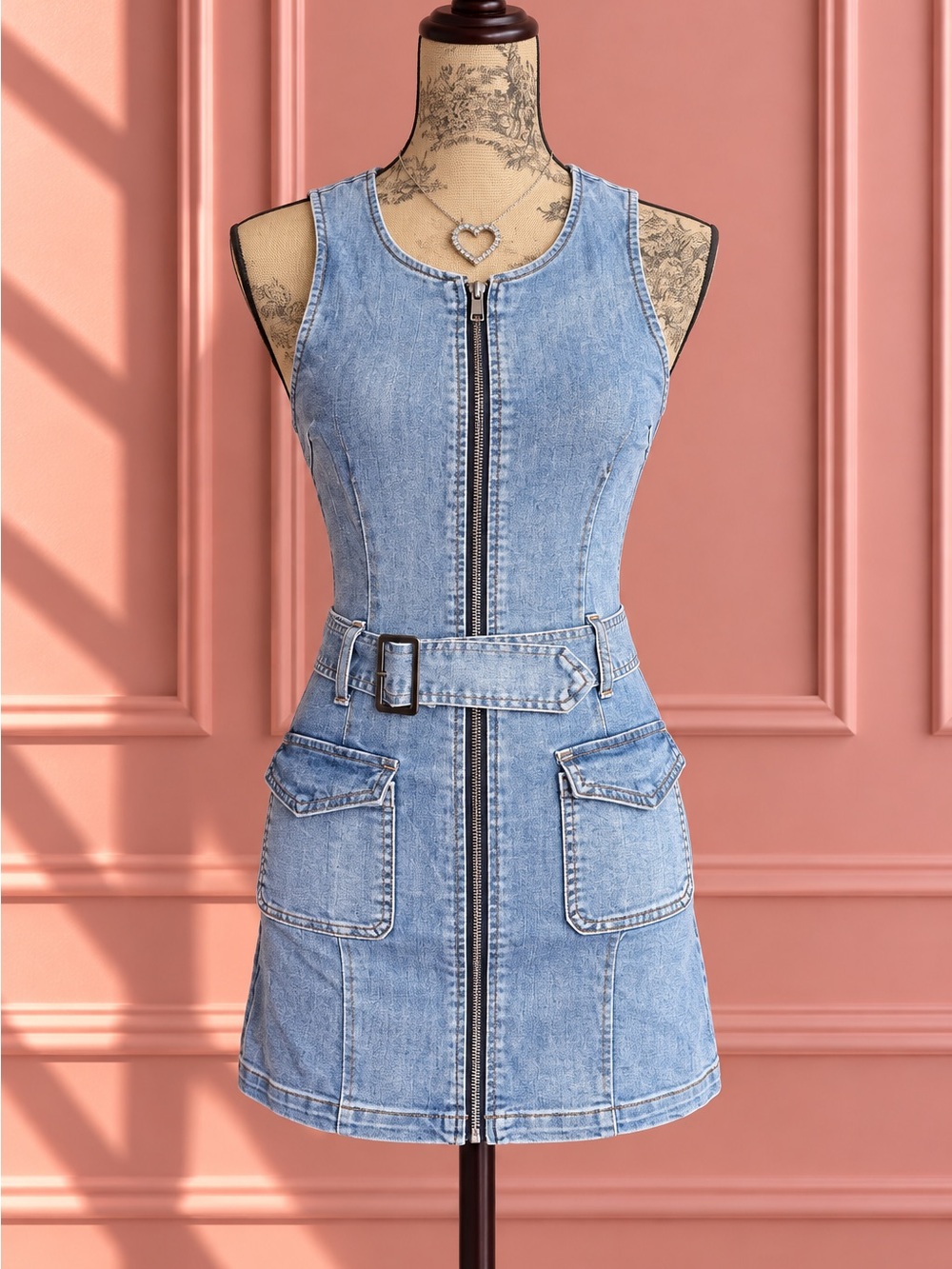 Rewash Denim Zip-Front Mini Dress with Belt Size XS